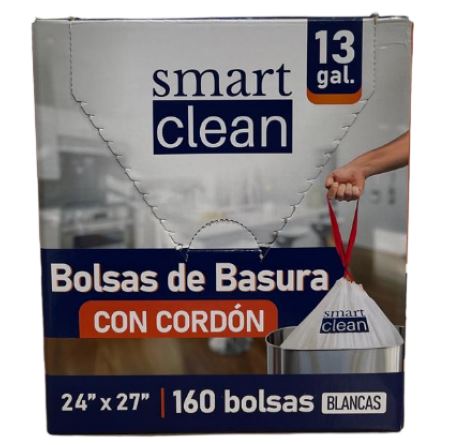 BOLSA PLAST. CORDON 13 GAL. 24X27 BCA. B/DENSIDAD 23 MIC. SMART CLEAN 4/160 UNIDS.