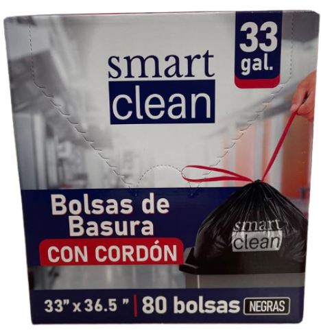 BOLSA PLAST. CORDON 33 GAL. 33X37 NEGRA B/DENSIDAD 28 MIC. SMART CLEAN 4/80 UNIDS.