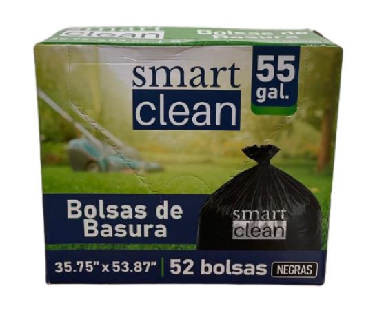 BOLSA PLAST. 55 GAL. 36X54 NEGRA B/DENSIDAD 28 MIC. SMART CLEAN 4/52 UNIDS.