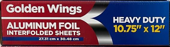 PAPEL ALUMINIO INTERDOBLADO 12" X 10.75" GOLDEN WINGS 6/500 HOJAS