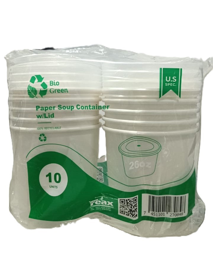 ENVASE SOPA CARTON BCO. 26 OZ. C/TAPA PLAST. PP 115 MM. BIO GREEN 24/10