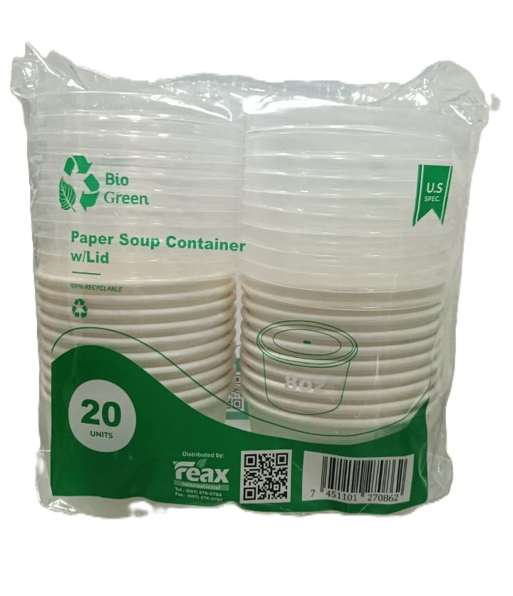 ENVASE SOPA CARTON BCO. 8 OZ. C/TAPA PLAST. PP 98 MM. BIO GREEN 24/20