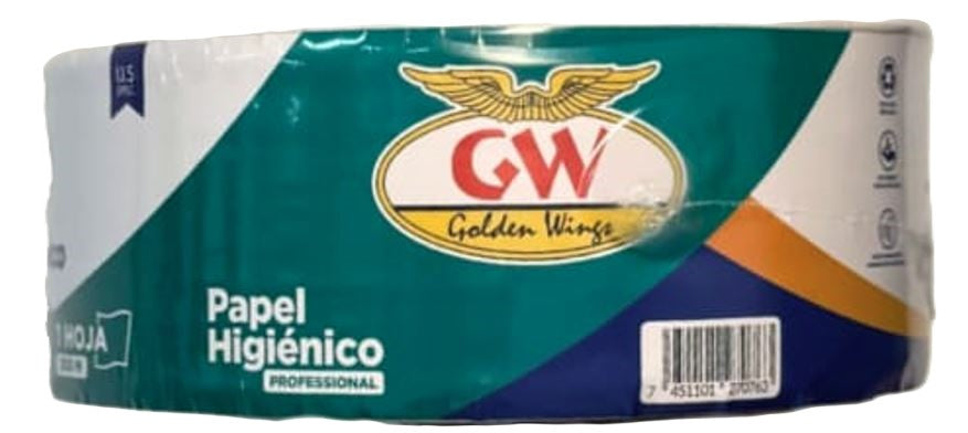 PAPEL HIGIENICO INDUSTRIAL 1 PLY GOLDEN WINGS 12/500 M.
