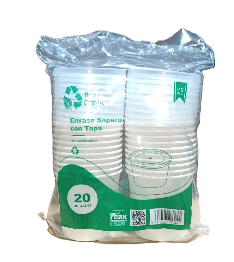 ENVASE SOPA CARTON BCO. 16 OZ. C/TAPA PLAST. PP 98 MM. BIO GREEN 24/20